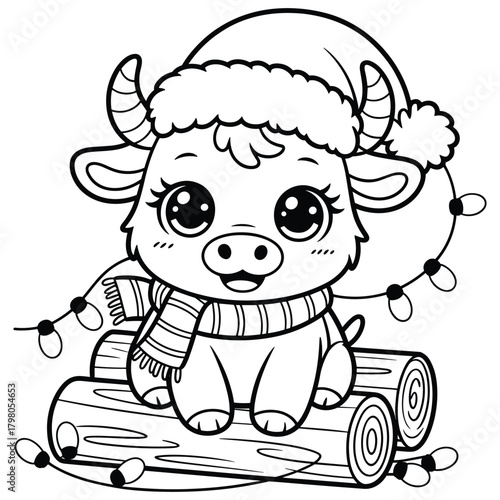 Cute cartoon bull wearing a santa hat and scarf