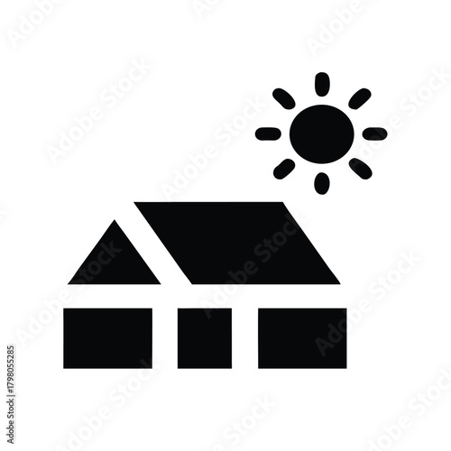 Rooftop solar panel with sun rays behind modern eco house silhouette vector icon on white background