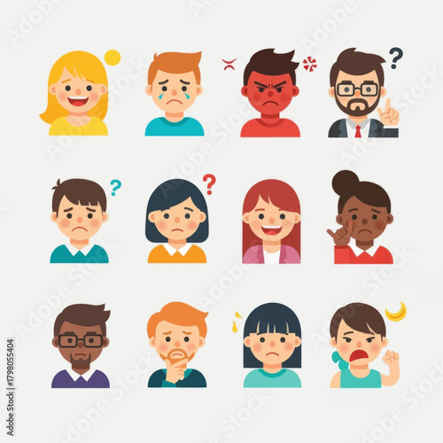 A collection of diverse cartoon character portraits displaying a wide range of human emotions and facial expressions.