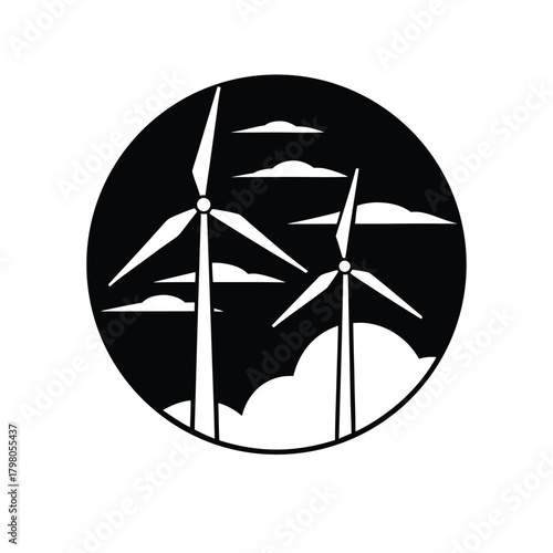 Wind turbines under cloudy sky silhouette with rotating motion line layer design