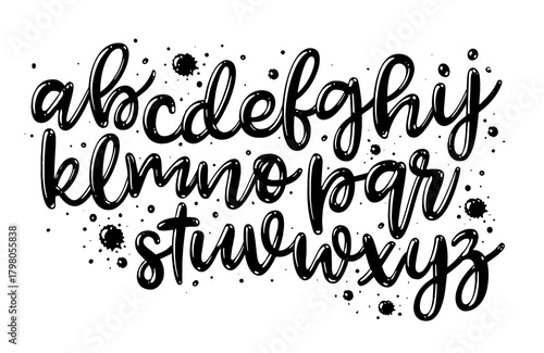 Vector hand drawn alphabet isolated on white background. Brush painted letters. Decorative artistic font. Black letters.	