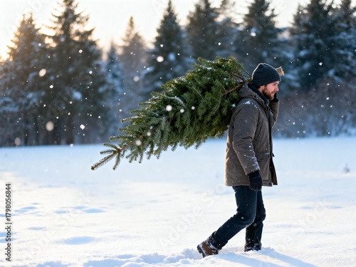 man carrying freshly cut christmas tree in snowy winter landscape