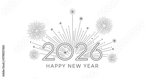 Festive happy new year typography with decorative elements and celebratory fireworks for a joyous occasion