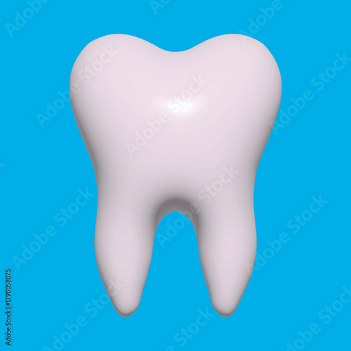 3D white shiny tooth icon, symbol design style. Tooth render on a blue background. Dentist concept. Modern 3D glossy tooth icon. Website and mobile app design element, vector illustration EPS 10.