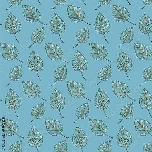 seamless pattern with leaves on blue background