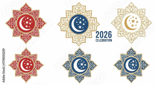 Elegant Islamic New Year 2026 Celebration Emblem Set with Crescent Moon and Stars