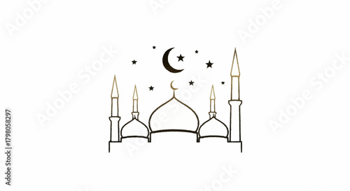 Elegant golden line art mosque illustration featuring a crescent moon and stars, capturing the essence of Islamic spirituality, culture, and festive celebrations like Ramadan and Eid