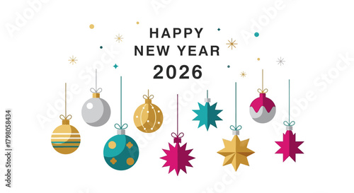 Festive happy new year greeting with abstract celebratory elements and sparkling accents