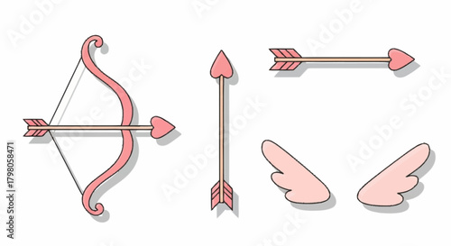 A charming vector set of romantic Cupid elements, including a pink bow, heart-tipped arrows, and angel wings for Valentine's Day design