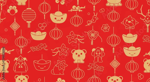 Festive Chinese New Year Seamless Pattern Lanterns, Gold, and Symbolism on Red Background