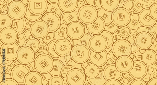 Golden seamless pattern background of ancient Chinese Feng Shui coins. Vector illustration representing wealth, good luck, and prosperity in Asian culture