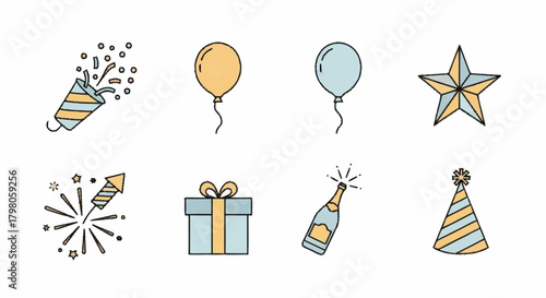 Festive celebration line art icon set featuring party poppers, balloons, fireworks, gifts, champagne, and party hats, perfect for joyful event designs