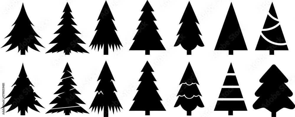 Obraz premium Collection of black silhouette christmas trees with decorations