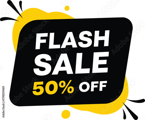 Dynamic black and yellow flash sale announcement with fifty percent off discount offer for limited time promotional event