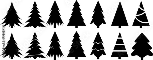 Collection of black silhouette christmas trees with decorations