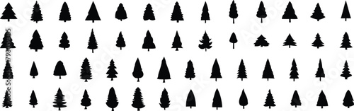 Collection of diverse stylized evergreen tree silhouettes in black and white