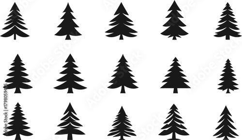 Collection of stylized black silhouette evergreen pine trees