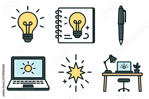 Sketchbook creative inspiration white vector background productivity clean lightbulb modern icon icons