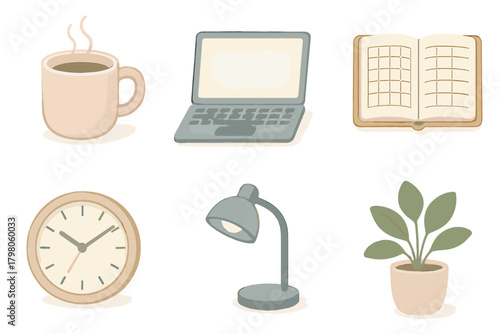 Laptop coffee essentials white mug icon calm grid vector no tones workday