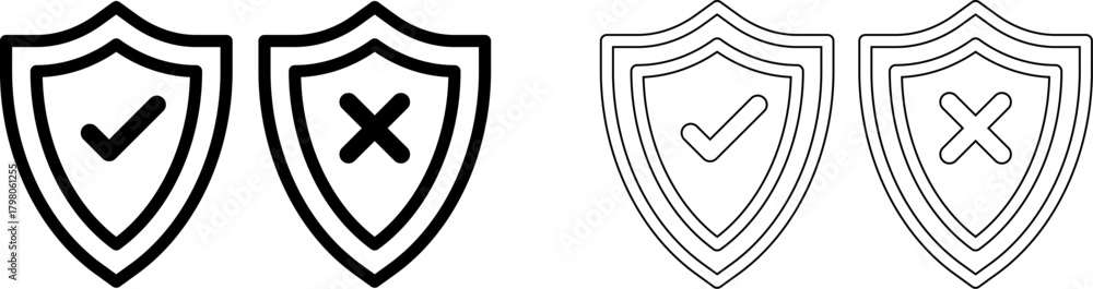 Fototapeta premium Shield icons with check mark and cross symbol in black and white line art style for security and protection design vector illustration