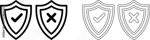Shield icons with check mark and cross symbol in black and white line art style for security and protection design vector illustration