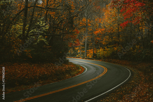 Spot of light on moody mountain road with fall colors