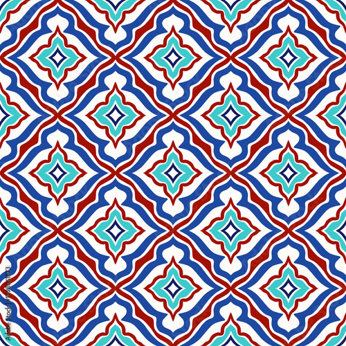 Seamless geometric pattern with red, blue, and teal wavy diamond shapes, inspired by decorative tiles and retro style. Vector image. Hand-drawn.