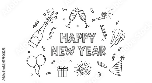 Festive happy new year text design with abstract celebratory elements in vibrant rgb colors