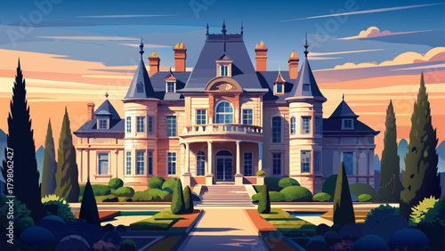 Very beautiful luxury Victorian mansion featuring intricate architectural details, tall elegant windows, a manicured garden in the foreground, and a grand highlighted entrance, presented as a refined 