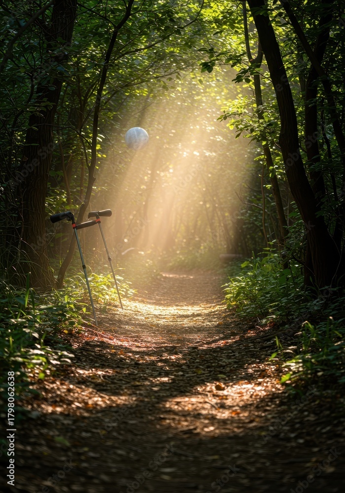 Obraz premium Sunlight illuminating a winding trail, showcasing equipment ready for recreational movement and healthy outdoor activity ,healthy lifestyle ,cycling ,afternoon