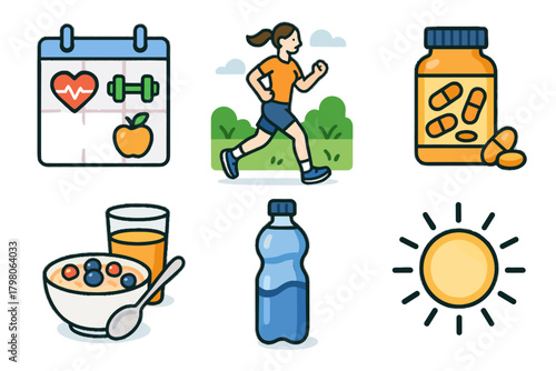 Calendar bottle text vitamins clean vector breakfast icons jog healthy icon wellness