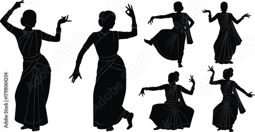 Indian classical dancers in traditional poses, cultural attire, expressive mudras, silhouette style, Bharatanatyam Odissi theme, flat vector illustration