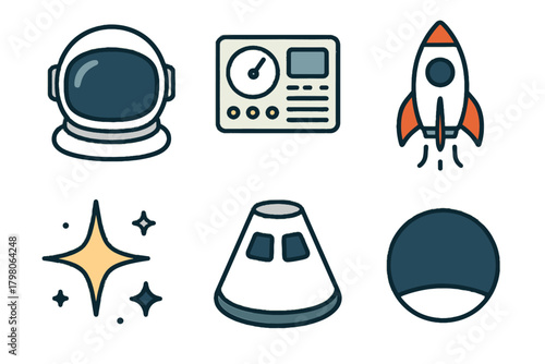 Illustrations ship icon control helmet white astronautics clean planet vector background capsule