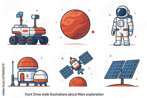 Exploration no vector planet satellite rover red mars orbiting station background illustrations