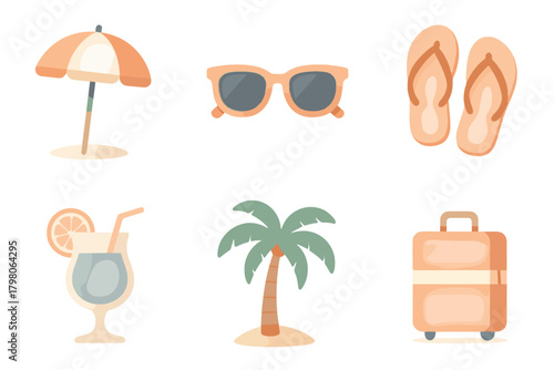 Sunglasses essentials vacation soft background cocktail vector tree text palette grid white