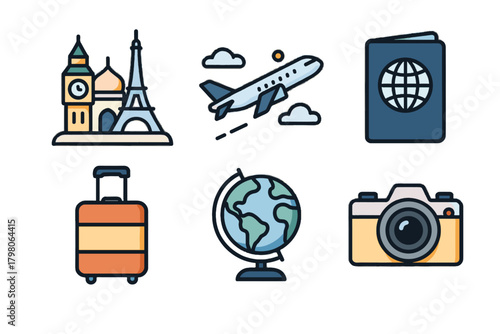 Icons globe background landmarks famous icon airplane world vector text global no