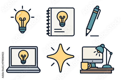 Productivity lightbulb vector desk spark inspiration pen look creative background icons icon