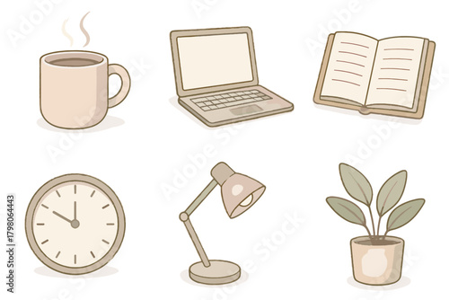 Clock grid coffee mug lamp tones laptop calm icon essentials workday pastel