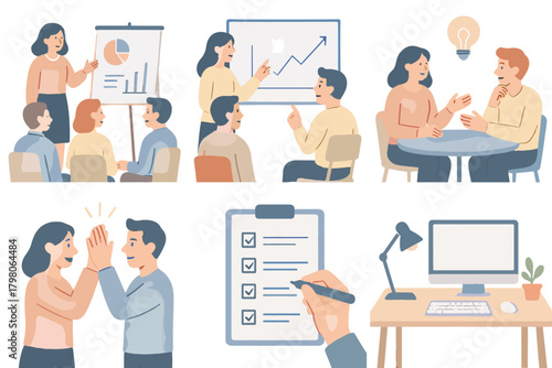 Chart checklist white group coworkers background tones teamwork illustrations vector icon presentation