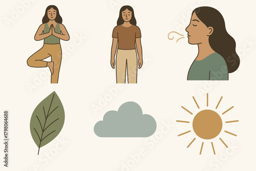 Tree mountain calm tranquil doing movement vector cloud person background mindful illustrations