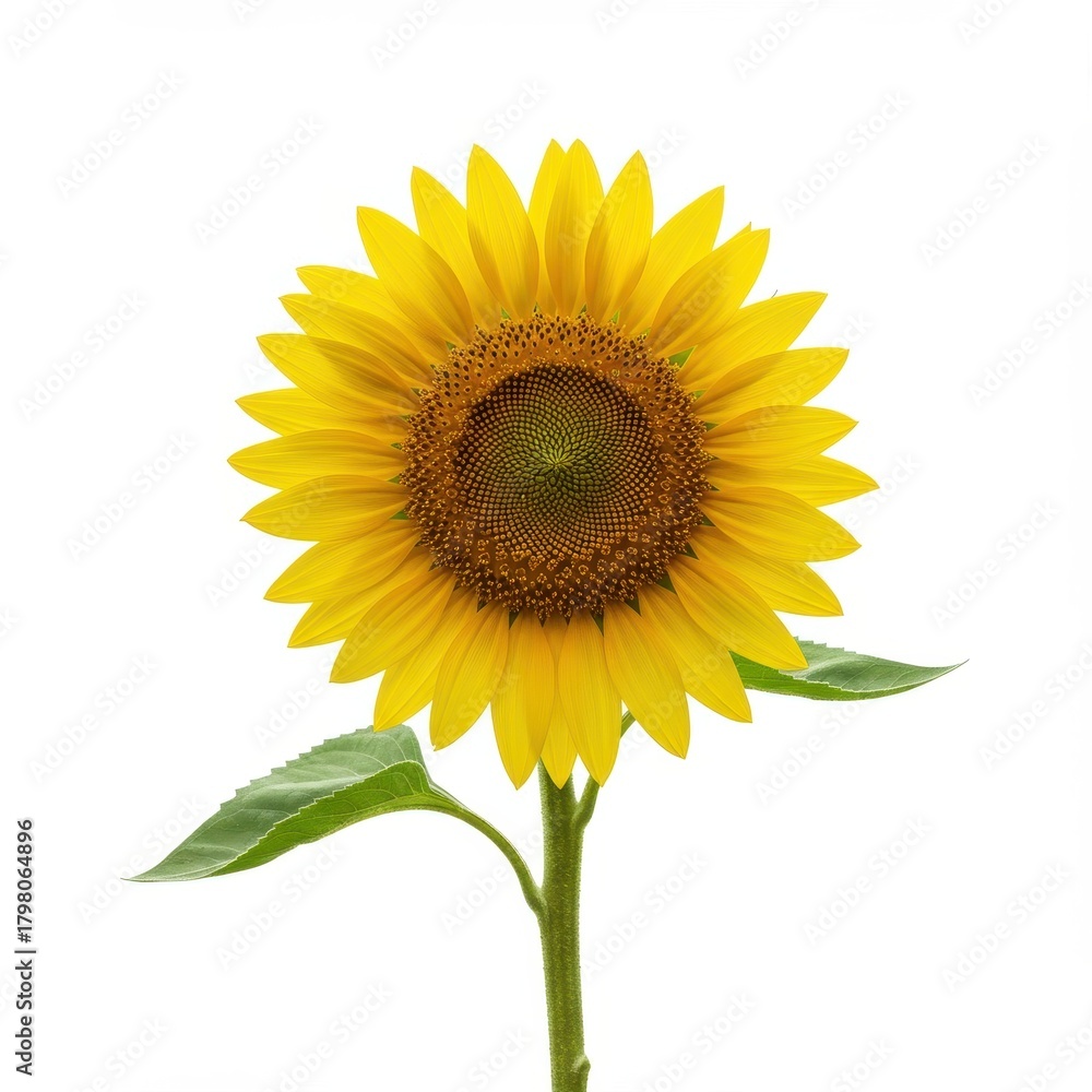 Fototapeta premium Detailed view of a bright yellow sunflower with green leaves and mature seeds centered on a clean white background ,bright ,harvest ,blossom