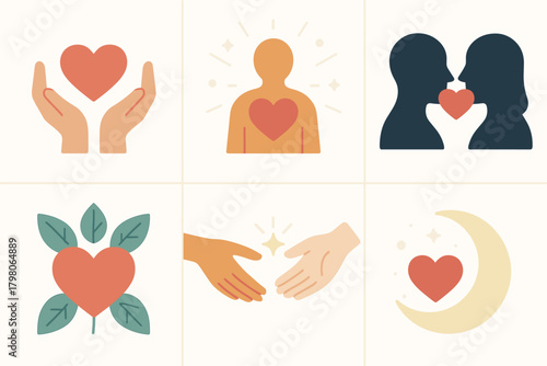 Emotional heart vector leaves silhouettes aura icon connection background grid soft hands