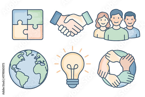 Cooperation unity art pastel vector lightbulb smiling globe icon team soft design