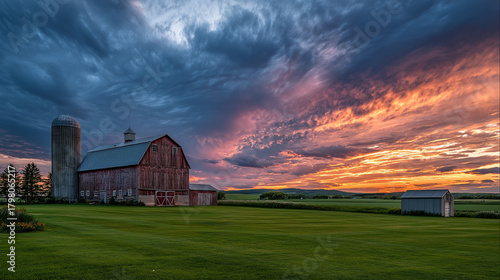 Vibrant Colorful Sunset Sky with Pink Orange Purple Clouds at Dusk Evening Over Rural Landscape Dramatic Cloudscape