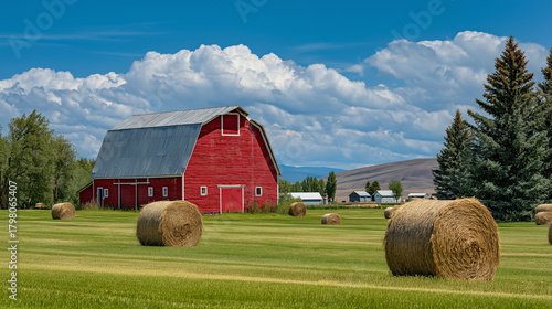 Red Barn and Hay Bales in Green Field with Mountain Landscape