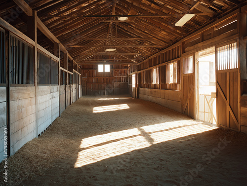 Spacious Horse Stable Interior with White Stalls and Wooden Ceiling