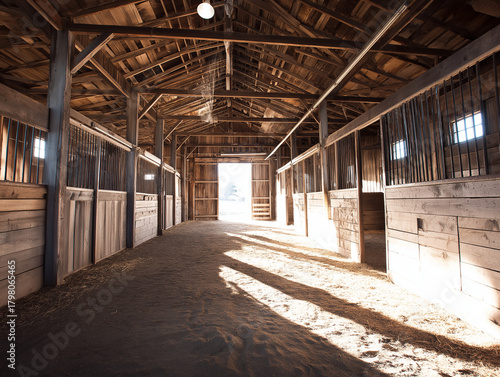 Sunlit Wooden Barn Interior Corridor with Natural Light and Shadows