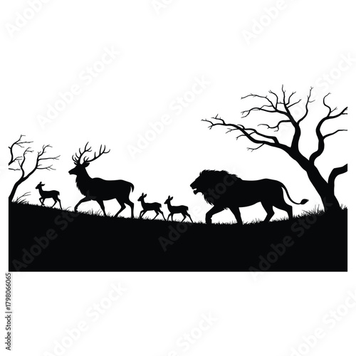 Silhouette of a lion and deer in a savanna landscape