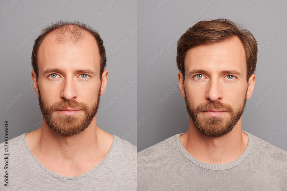 Fototapeta premium Two men with shaved heads, one with a beard and the other without