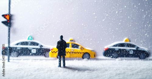 Snowy city street scene. Person stands facing traffic, taxis visible. Winter weather conditions present, muted colors dominate.